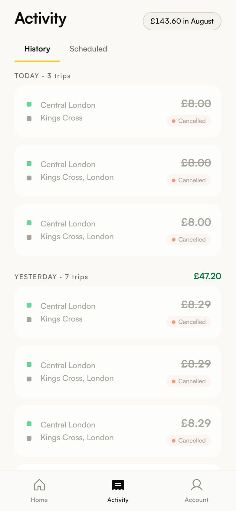 Passenger trip history